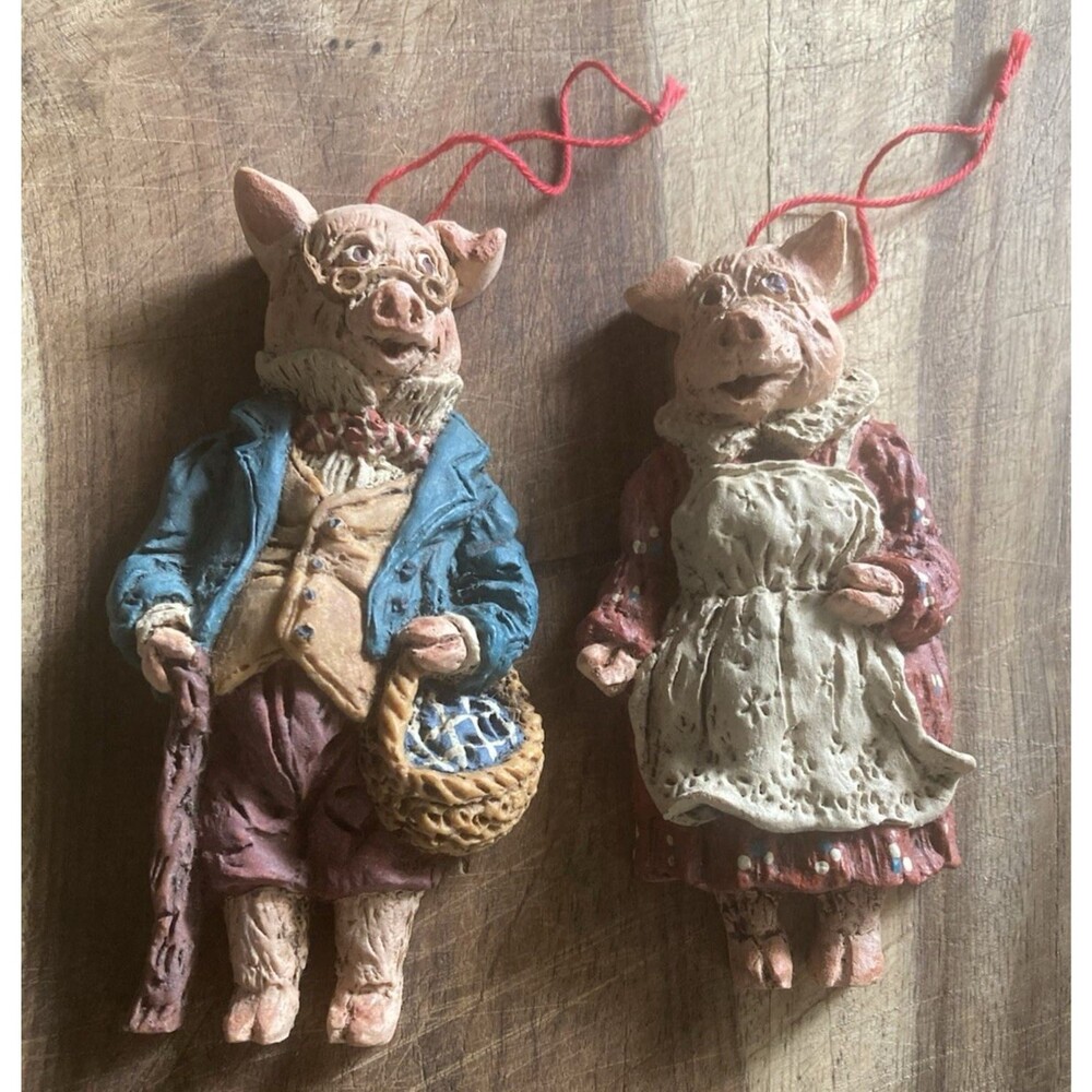Vintage June McKenna 80's Pigs-Father & Mother Pig Christmas Flat Back Ornament